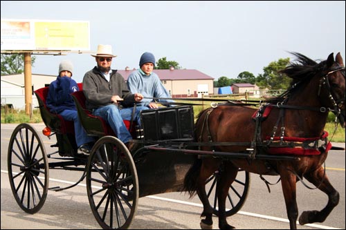 소형 마차인 버기(buggy)를 몰고 가는 아미쉬(Amish). 